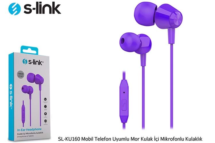S-link SL-KU160 Mobil Telefon Uyumlu Mor Kulak İçi Mikrofonlu Kulaklık 