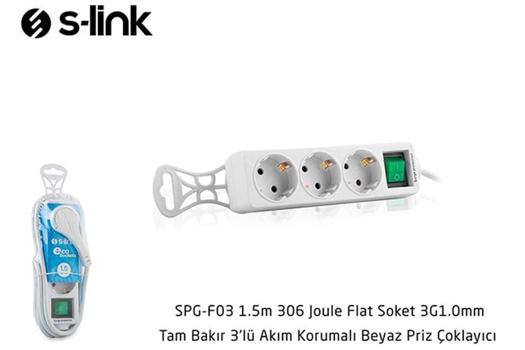 S-link SPG-F03 1.5m 306 Joule Flat Soket 3G1.0mm Tam Bakır 3 lü Akım Korumalı Priz Çoklayıcı