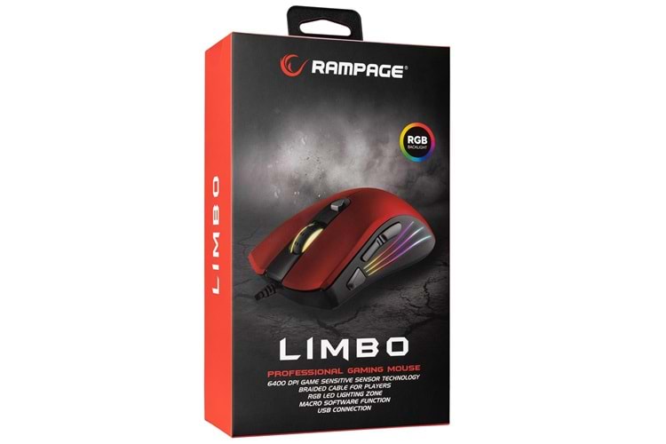 Rampage SMX-R33 LIMBO Makrolu Siyah-Kırmızı 6400dpi RGB Ledli Gaming Oyuncu Mouse