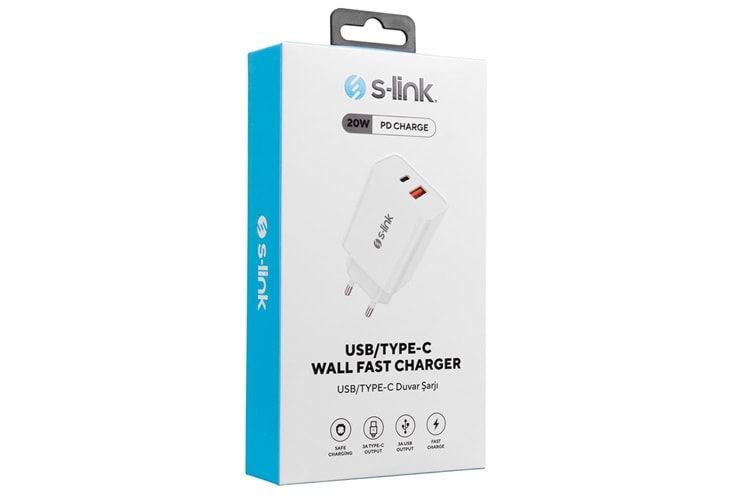 S-link SL-EC60 20W PD3.0-Quick Charge QC3.0 Type USB-C +USB A Hızlı Beyaz Ev Şarj Adaptör
