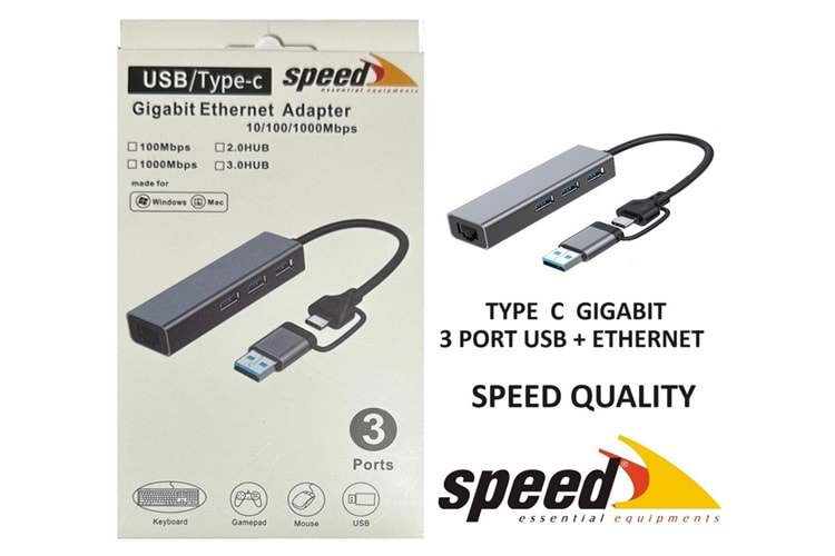 Speed UET01 10-100-1000 USB - Type c 3 Port USB 3.0 Çoklayıcı Gigabit Ethernet Çevirici