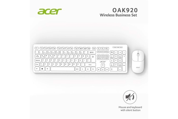 Acer OAK-920 Beyaz Kablosuz Sessiz Tuşlu 2.4Ghz Klavye Moue Set Beyaz (Mouse 1200Dpı)