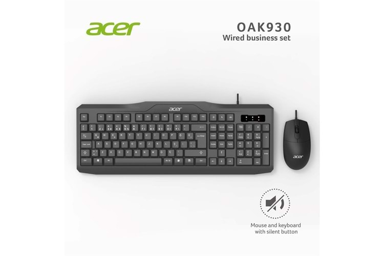 Acer OAK-930 Kablolu Sessiz Tuşlu Klavye Moue Set Siyah (Klavye 1,40Cm-Mouse 1.60Cm Kablo)