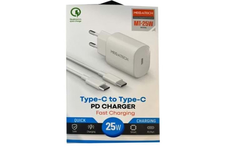 Megatech Mt-25w QC:3.0 PD:3.0 Ev Şarj Kafa+ Type-C To Type-C Şarj Kafası Hızlı Şarj