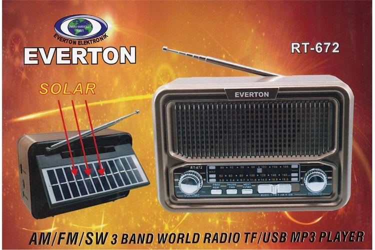 Everton Rt-672 Bluetooth Fm-Usb-Tf-Aux Şarjlı Solar Nostaljik Radyo