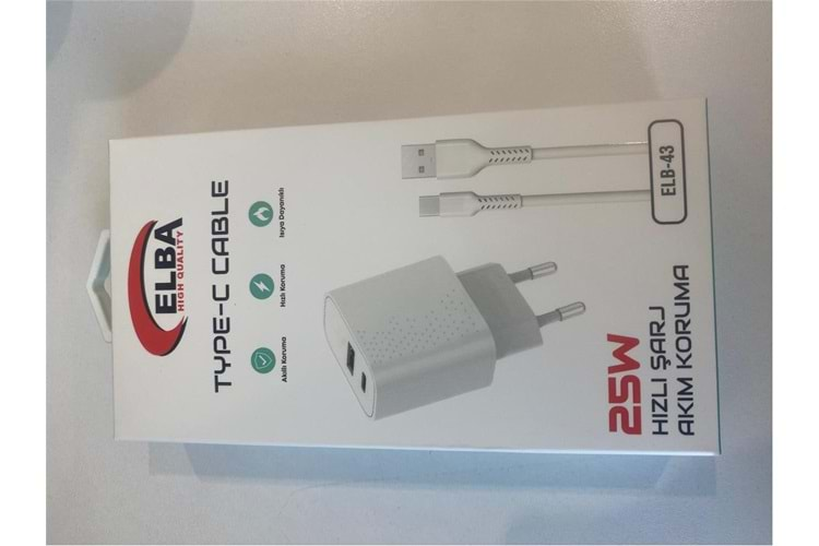 ELBA ELB-43 25W 2li USB Başlık TYPE-C Kablolu Set Hızlı Şarj Akım Koruma