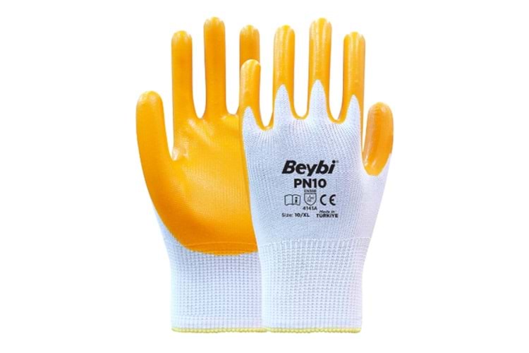Beybi Nitril PMK PN10 9 Beden 12li Paket Polyester Örme Nitril Eldiven (4141A) Nitril 1-2 Kaplama