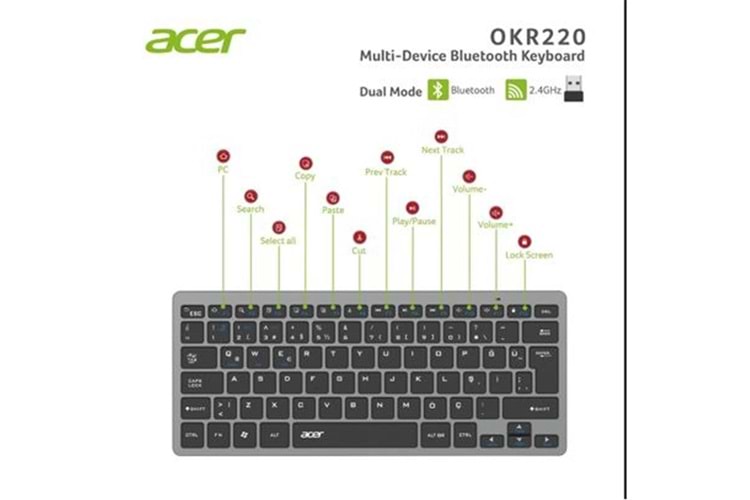 Acer OKR220 Siyah MultiDevice Dual Mode 2.4GHZ Bluetooth Klavye (Smart Tv)(Android)