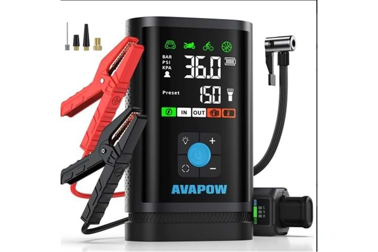 Avapow JP3 16000mAh 3000A & Lastik Şişirme Pompalı Jump Starter Taşınabilir Akü Takviye Kiti