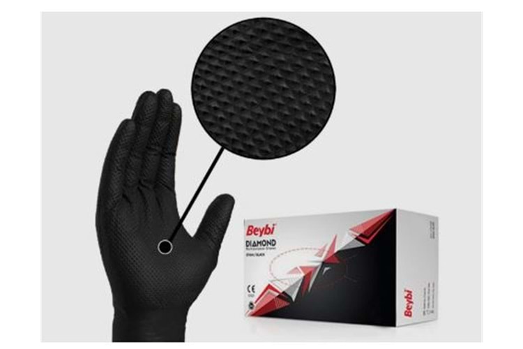Beybi Diamond L Beden Pudrasız Kalın Siyah Nitril Eldiven Large (Kutuda 100 Adet)