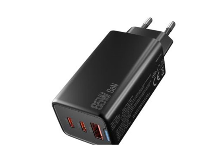 Hytech HY-XEG65 2-USB-C + USB-A GAN PD 65W - QC 18W Type PD-PPS Siyah EV-NOTEBOOK Şarj Adaptör