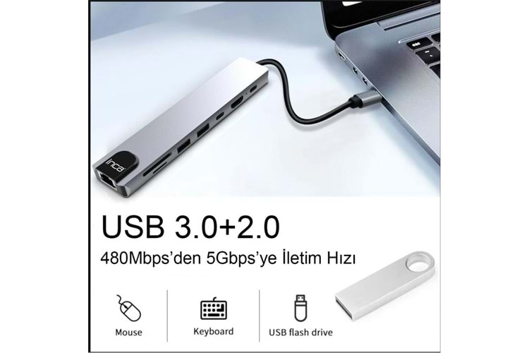 Inca ITPC-7T Type-C Giriş 2XType-C Çoklayıcı RJ-45 HDMI 4K@30 USB 3.0 Çoklayıcı Micro SD Kart 