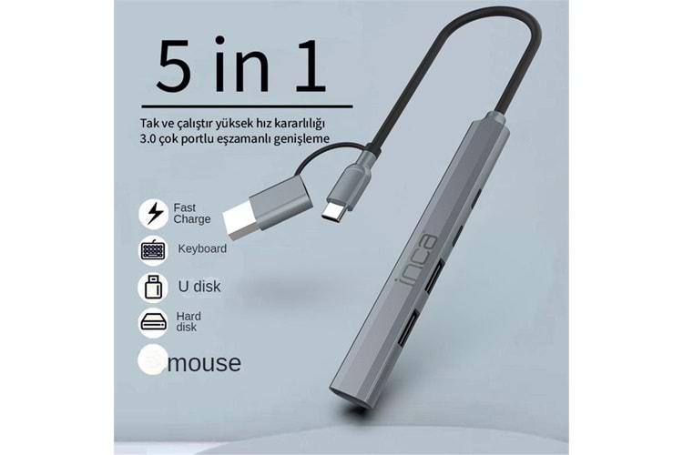 Inca IUTP-06TX 5in1 USB 3.0 + 2xUSB 2.0+Type-C+PD 100W USB+Type-C Çoklayıcı 3.0 ile 5 Gbps