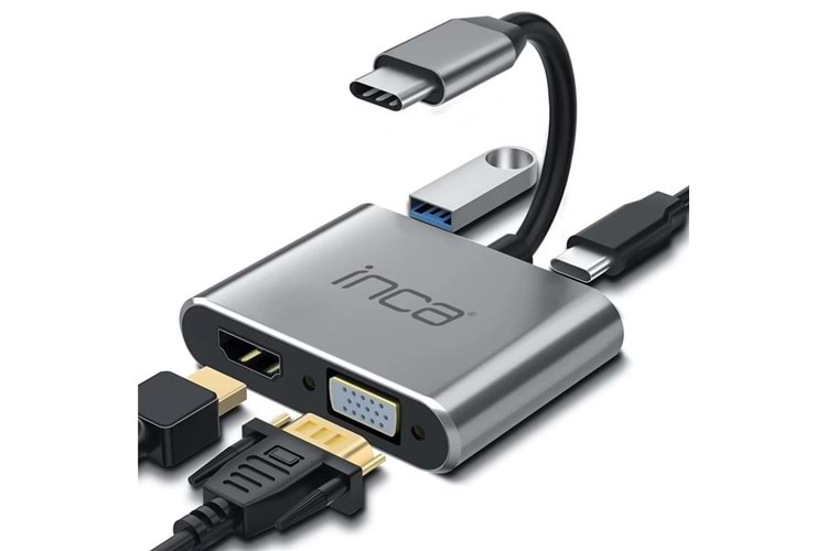 Inca ITPC-06TX USB C 4in1 – HDMI+VGA+USB+Güç Dağıtım Adap 4K@30Hz HDMI Çoklayıcı 100W PD Güçı