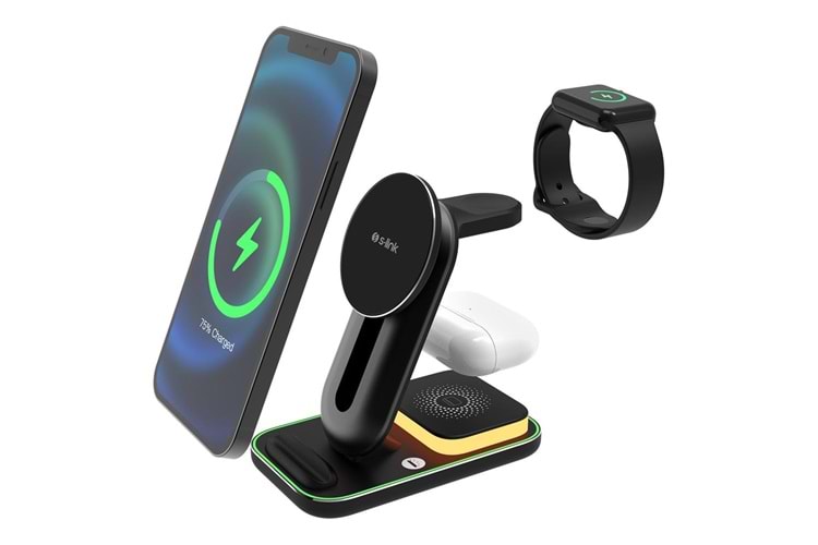 S-link SW-CWF117 Siyah Ayarlanabilir Standlı 15W 3 in 1 Magsafe Kablosuz Şarj Cihazıı