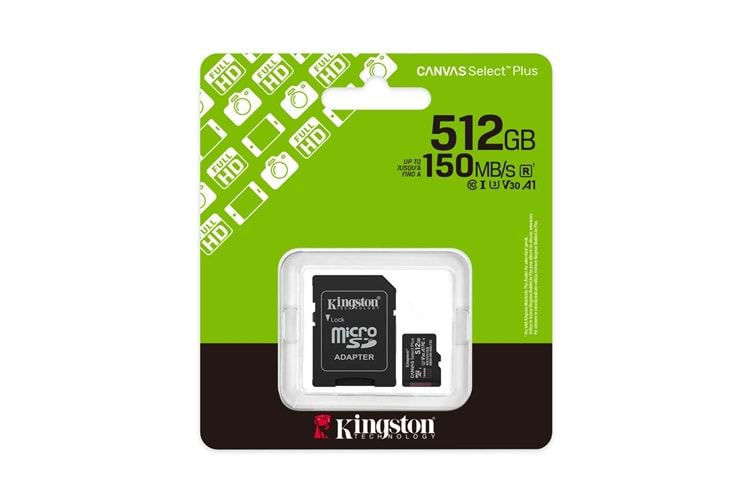 Kingston SDCS3-512GB 512GB microSDXC Canvas Select Plus Gen3 150MB-s A1 Card + Adapter Hafıza Kartı