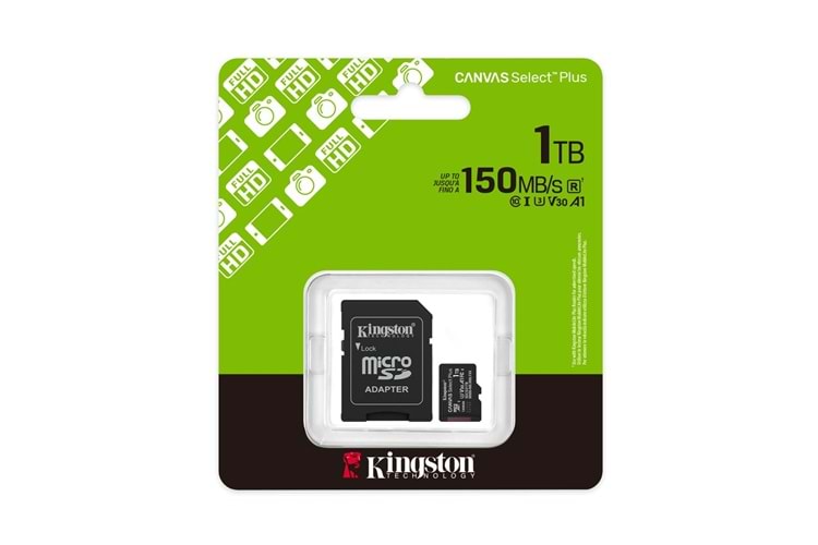 Kingston SDCS3-1TB 1TB microSDXC Canvas Select Plus Gen3 150MB-s A1 Card + Adapter Hafıza Kartı