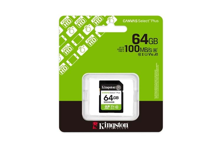 Kingston SDS3-64GB 64GB SDXC Canvas Select Plus Gen3 100MB-s C10 UHS-I U1 V10 Hafıza Kartı