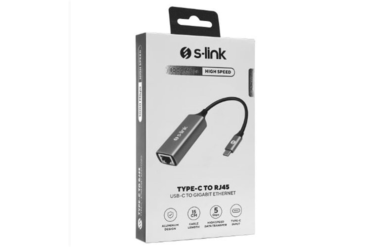 S-link SW-U336 Gri Metal Type-C to RJ45 10-100-1000Mbps Gigabit Adaptör