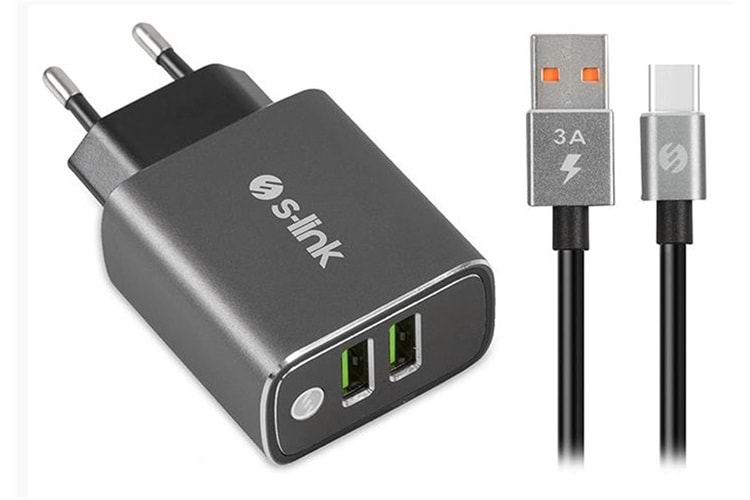 S-link SW-EHT36M 2 USB, 3.1A Metal Ev Sarj Cihazı ve Type-C Data + Sarj Kablosu