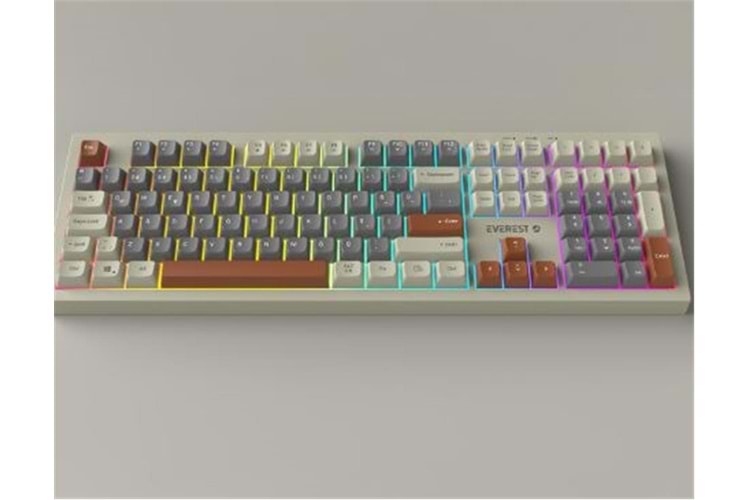 Everest KM-77 Runa Gri-Krem-Kahve Usb Rainbow Aydınlatmalı Sessiz Q Klavye + Mouse Set