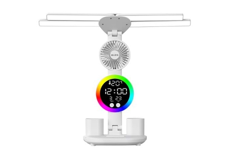 S-link SL-M9070 Glow Beyaz Dokunmatik Led Lamba Saat, Fan,Derece Kalemlikli Masa Lambası