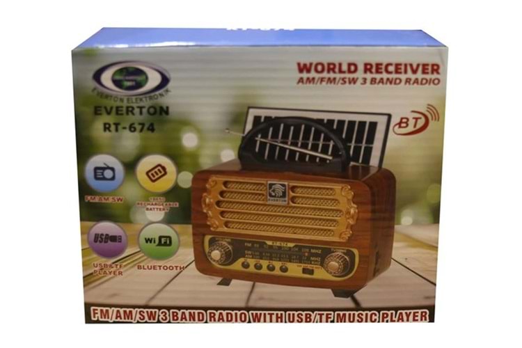 Everton RT-674 Bluetooth-USB-SD-FM Şarjlı,Solarlı Nostaljik Radyo 