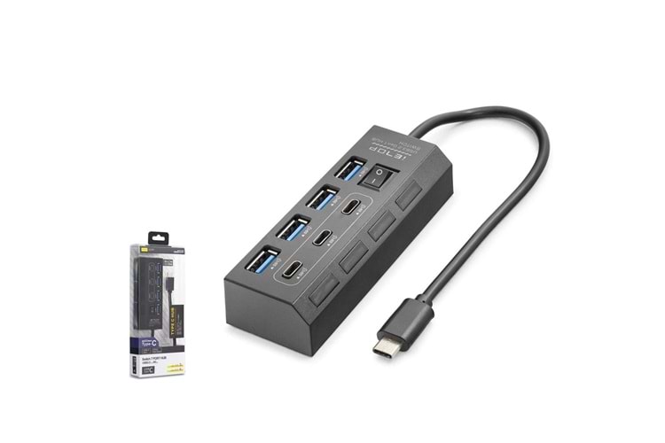 Hadron HDX7057 İetop Type-C Hub 5Gbps 3x Type-C 3.2 + 4x Usb-A 3.2 7 Port Anahtarlı Çoklayıcı Siyah