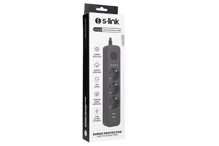 S-link SPG03U 5V2.4A 1.5m 3x1.00mm 100 yüzde Bakır 750 Joule 3 lü Anahtarlı Akım Korumalı Siyah Priz