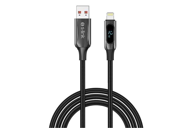 S-link Armor LED UL-012 12W 1m USB to Lightning PD Örgülü LED Başlıklı Siyah Hızlı Şarj Kablosu