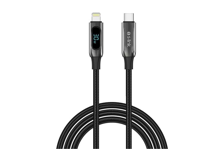 S-link Armor LED CL-030 30W 1mt Type-C to Lightning PD Örgülü LED Başlıklı Siyah Hızlı Şarj Kablosu