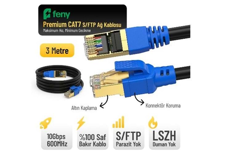 Feny FN-CAT7LS03 10GBPS İnternet 60MHZ 3 Metre CAT7 Gold Patch Kablo (Yanmaz- yüzde 100 Saf Bakır)