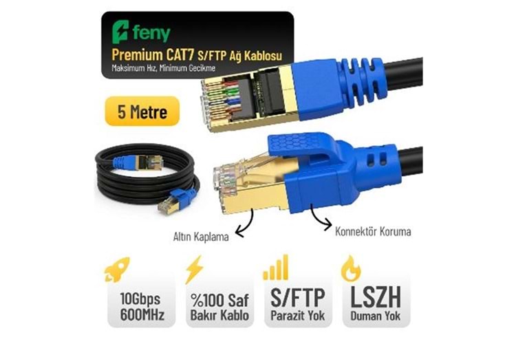 Feny FN-CAT7LS05 10GBPS İnternet 60MHZ 5 Metre CAT7 Gold Patch Kablo (Yanmaz- yüzde 100 Saf Bakır)