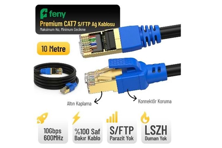 Feny FN-CAT7LS10 10GBPS İnternet 60MHZ 10 Metre CAT7 Gold Patch Kablo (Yanmaz- yüzde 100 Saf Bakır)