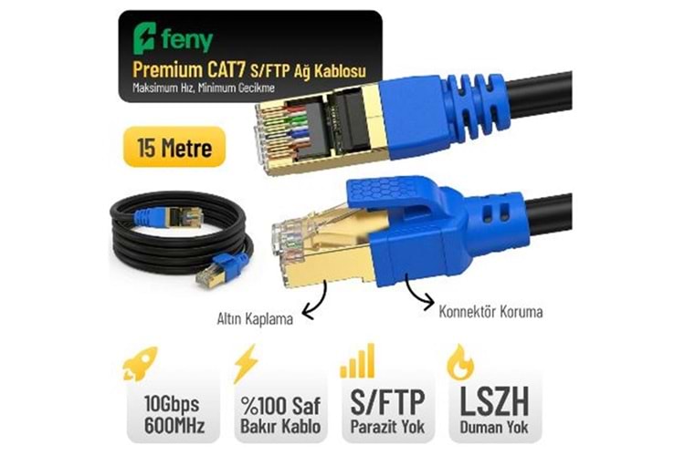 Feny FN-CAT7LS15 10GBPS İnternet 60MHZ 15 Metre CAT7 Gold Patch Kablo (Yanmaz- yüzde 100 Saf Bakır)