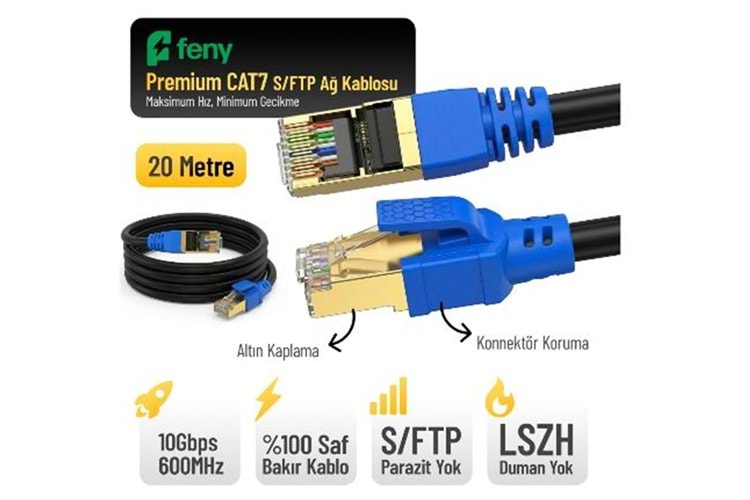 Feny FN-CAT7LS20 10GBPS İnternet 60MHZ 20 Metre CAT7 Gold Patch Kablo (Yanmaz- yüzde 100 Saf Bakır)