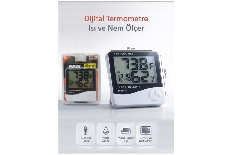 Real Özs HTC-1 Dijital Saat -Alarm - Termometre- Isı Ve Nem Ölçer 