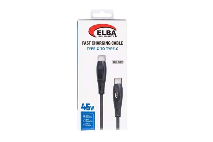 Elba ELB-2702 45w Type-c To Type-c 1mt Siyah Silikon Şarj Kablosu 480Mps Hızlı Şarj
