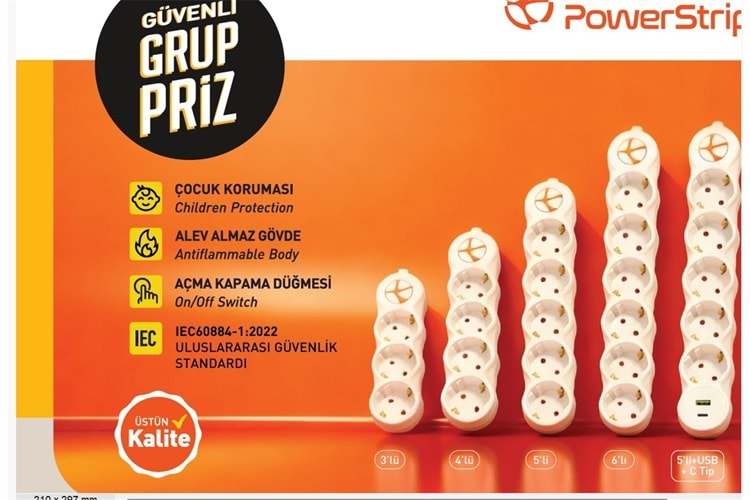 TUNCMATIK POWERSTRIP5 TSK19062 3m IEC 66884-1:2022 Standartı, FR(Alev Almaz)anahtarlı grup priz