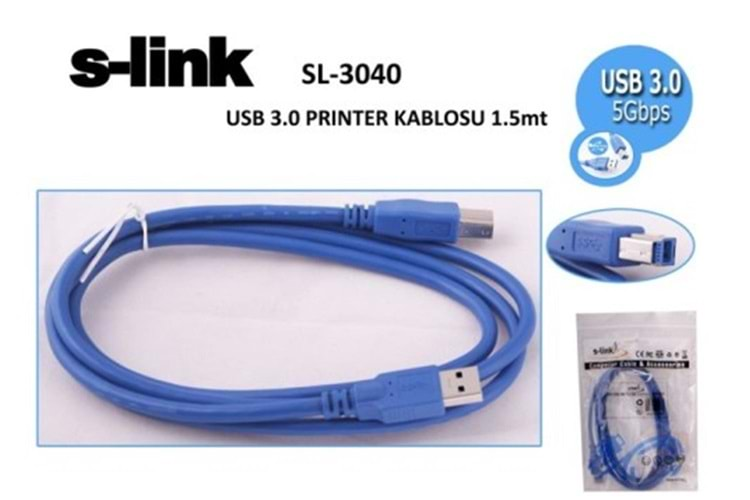 S-link SL-3040 1.5mt Usb 3.0 mavi Yazıcı Kablosu