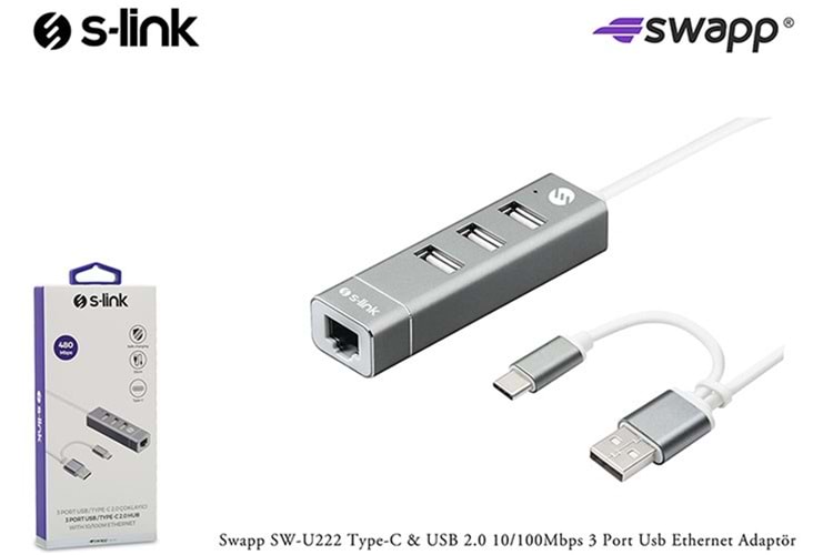 S-link Swapp SW-U222 Type-c Usb 2.0 10-100mbps 3 Port Usb Ethernet Adaptör