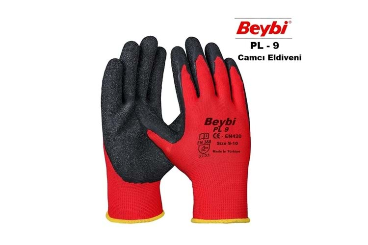 Beybi Nitril Poly PL9 10 Kırmızı Siyah İş Eldiveni 12li Paket Camcı Eldiveni