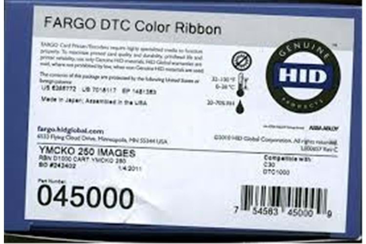 Fargo 045000 DTC1000-DTC1250e YMCKO Renkli Ribbon Tek Yüze 250 Renkli Baskı