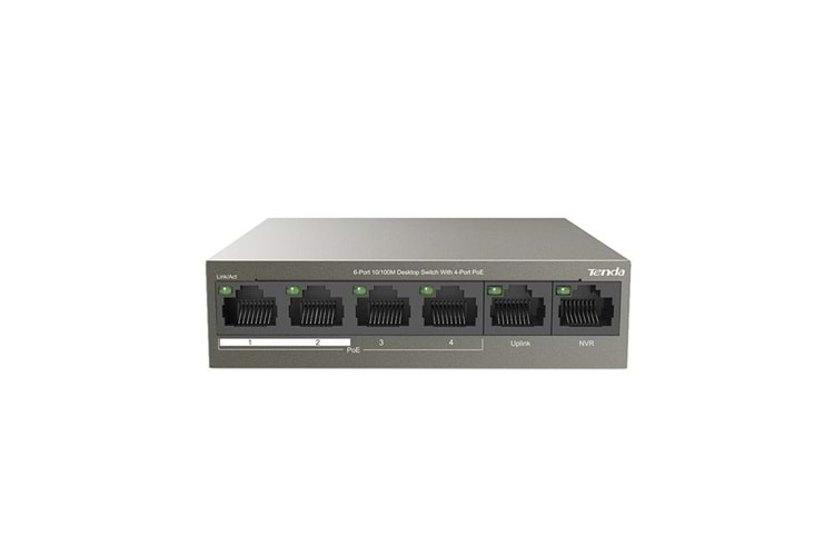 Tenda TEF1106P 6 Port 4 Port Poe+ 10-100 + 2 Port Uplink Switch Çelik Kasa Rack Mount