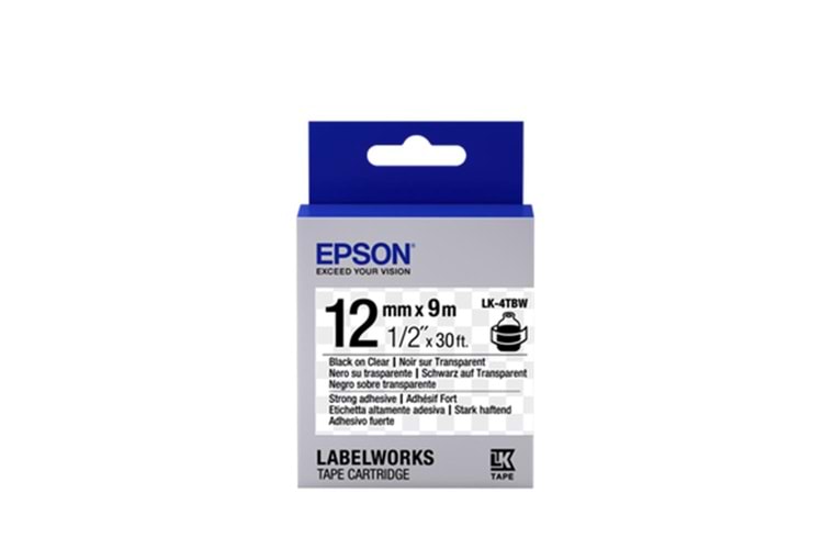 Epson LK-4TBW Güçlü Yapışkanlı Şeffaf Üzeri Siyah 12mm 9Metre Etiket
