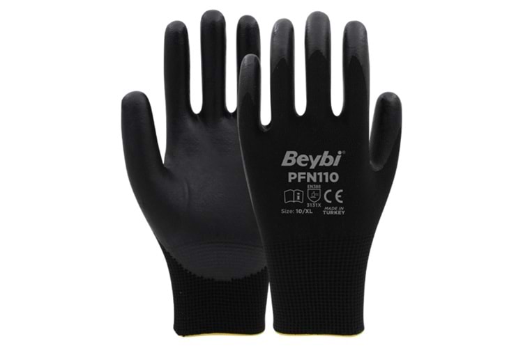 PFN110 9 Beden Siyah Polyester Örgü Üzeri ½ Köpük Nitril Kaplı Eldiven 12li Paket En388 (3131X)