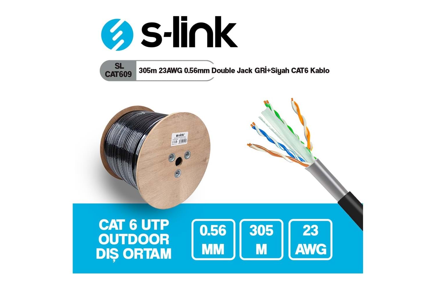 S-link SL-CAT609 305m 23AWG 0.56mm CCA Double Jack GRİ+Siyah