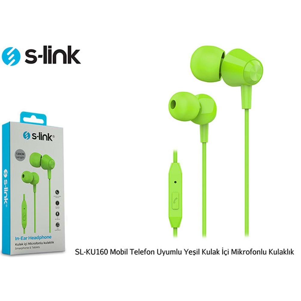 S-link SL-KU160 Mobil Telefon Uyumlu Yesili Kulak İçi Mikrofonlu Kulaklık 