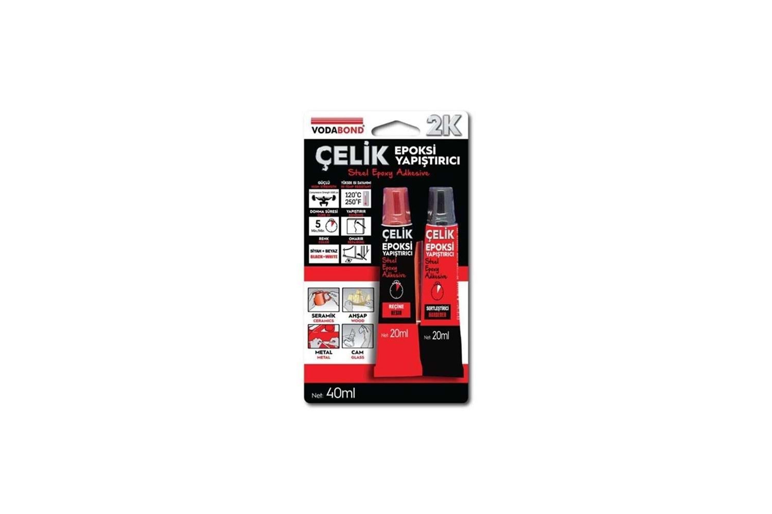 Vodaband 20ML+20ML Çelik Epoksi Yapıştırıcı Siyah+Beyaz(Reçine+Sertleştirici)