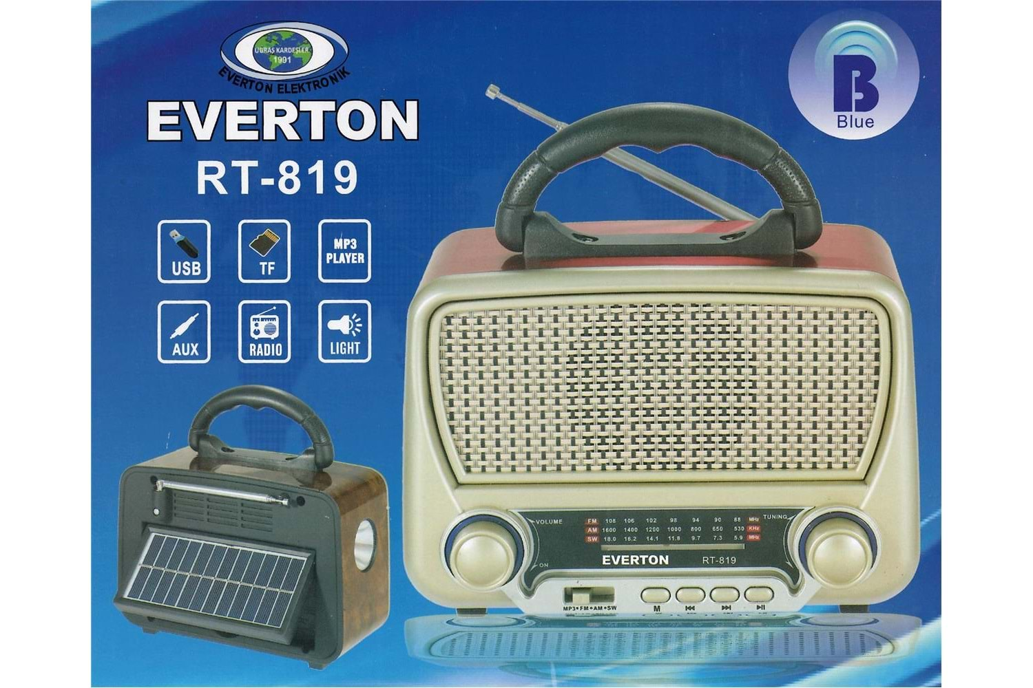 Everton Rt-819 (Solar Güneş Panelli) Bluetooth Fm-Usb-Tf Card-AUX Şarjlı Nostaljik Radyo El Feneri